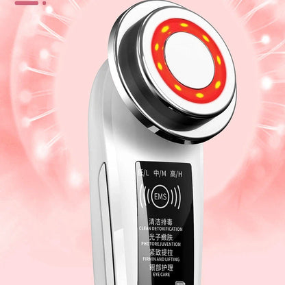 Pink White Facial Massager with multi-function cleansing and light therapy features