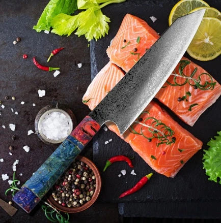 Exquisitely crafted 67-layer Damascus steel chef's knife with elegant brocade pattern and ergonomic resin-wood handle