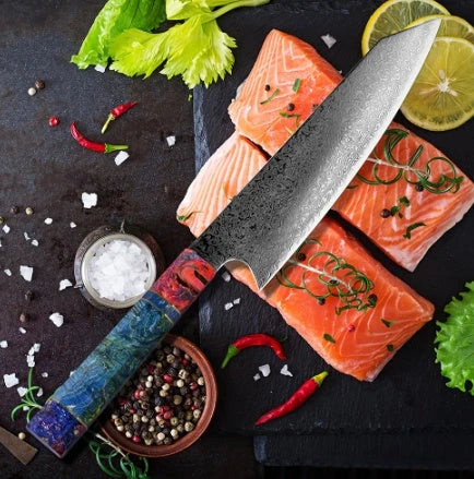 Professional Japanese Damascus Steel Chef Knife with 67-layer brocade pattern and ergonomic handle