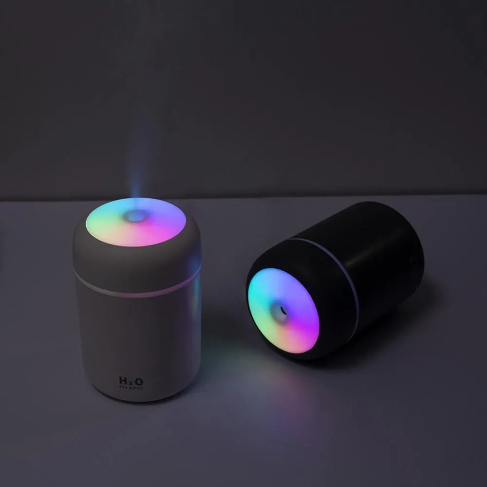 Pink USB desktop humidifier with colourful lights and 300ml water tank