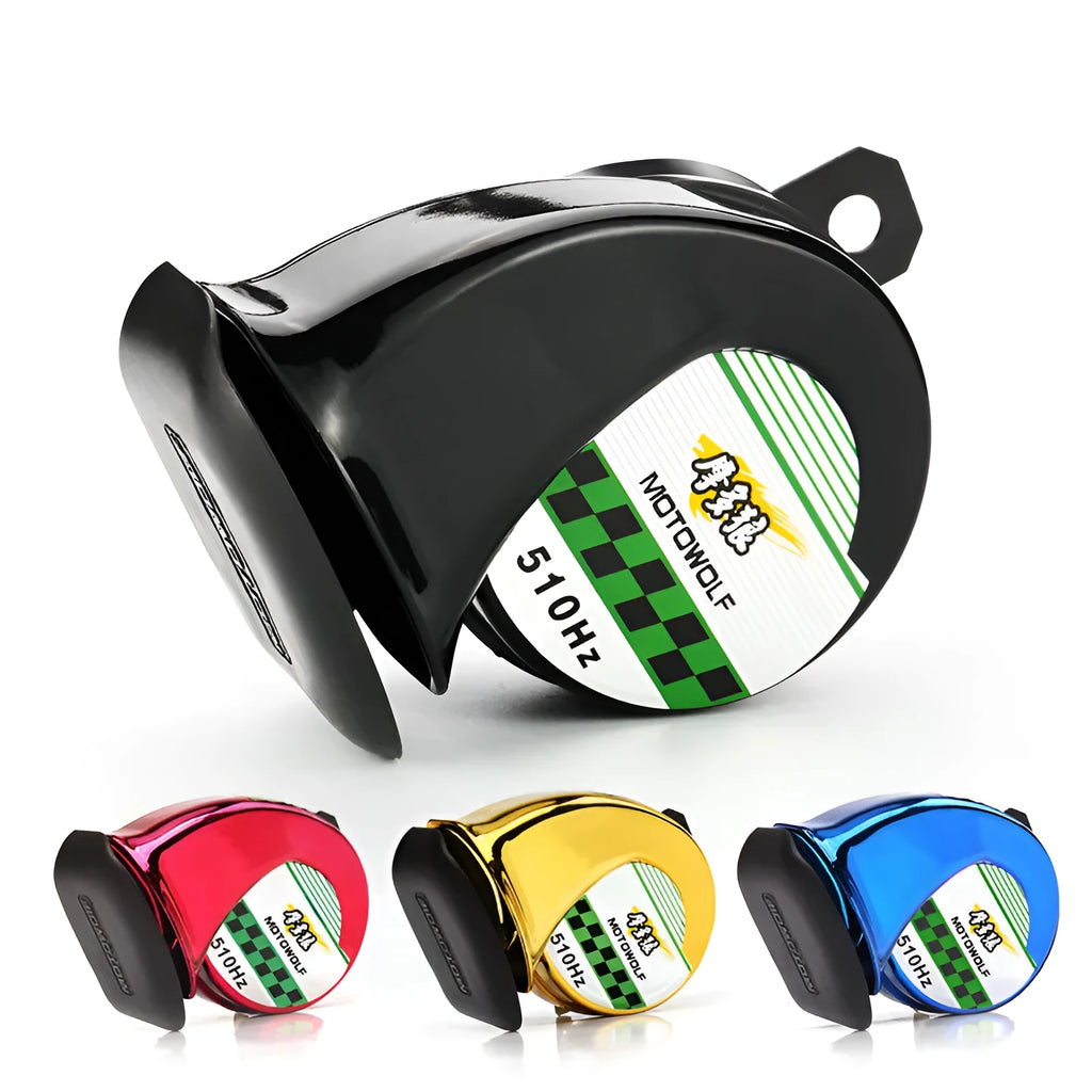 12V 110dB car motorcycle horn in black with ABS construction showing compact oval shape