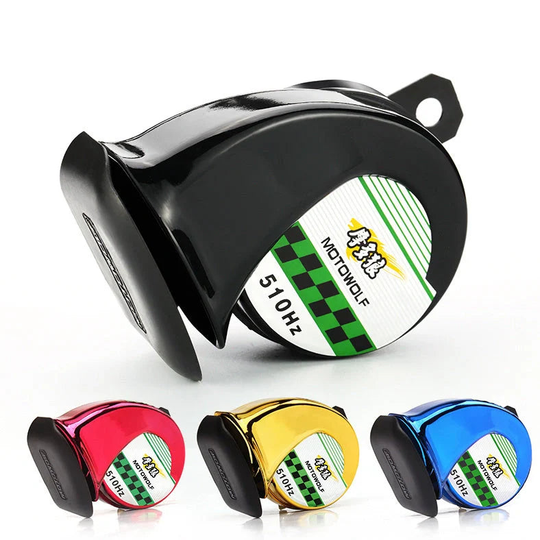 12V motorcycle horn producing 110dB sound with 30W power rating, engineered from ABS plastic for reliable vehicle safety and clear road communication