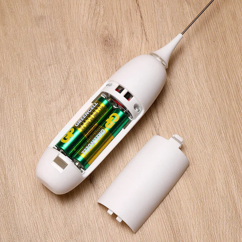 Black and white hand-held electric milk frother with blender function for coffee drinks