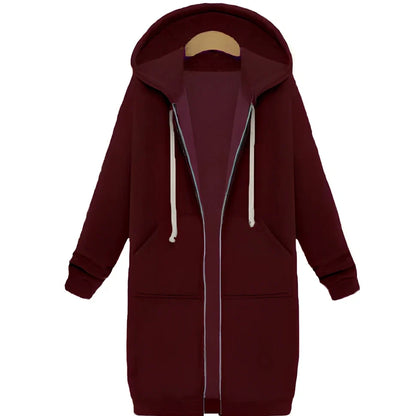 Women's hooded long-sleeved zipper jacket in army green, full length 106cm, 650g broadcloth for winter wear sizes S-5XL