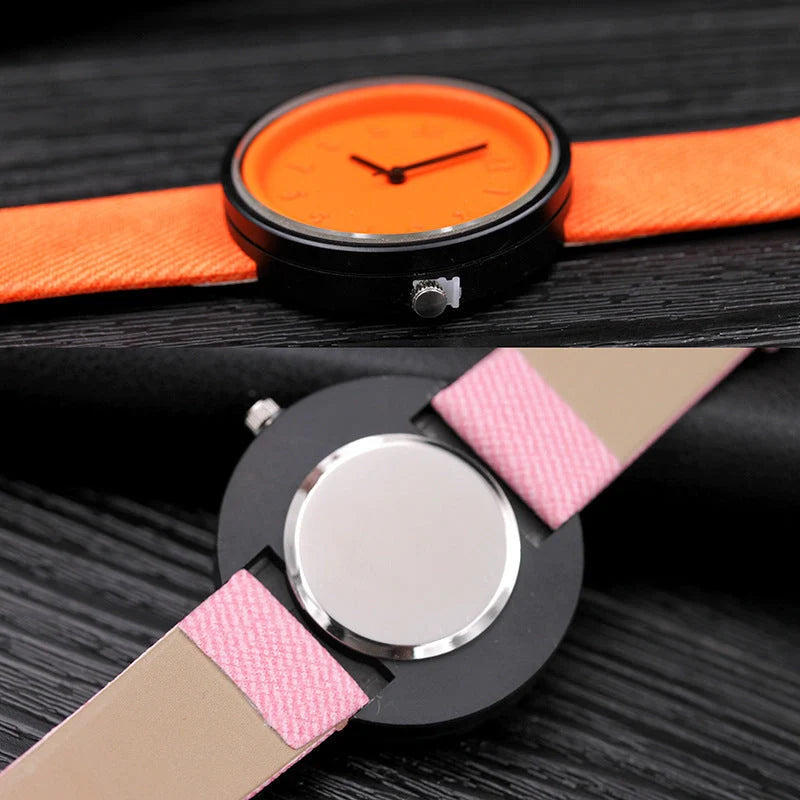 Creative ladies quartz watch with various color options, featuring a PU leather strap and mineral glass mirror