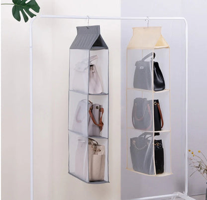 Foldable hanging multi-layer sundries storage rack in grey and beige