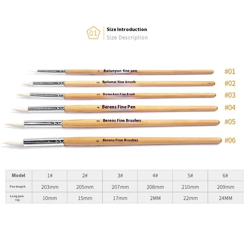 6 wooden artist paintbrushes with pointed handles and wool brush heads arranged together