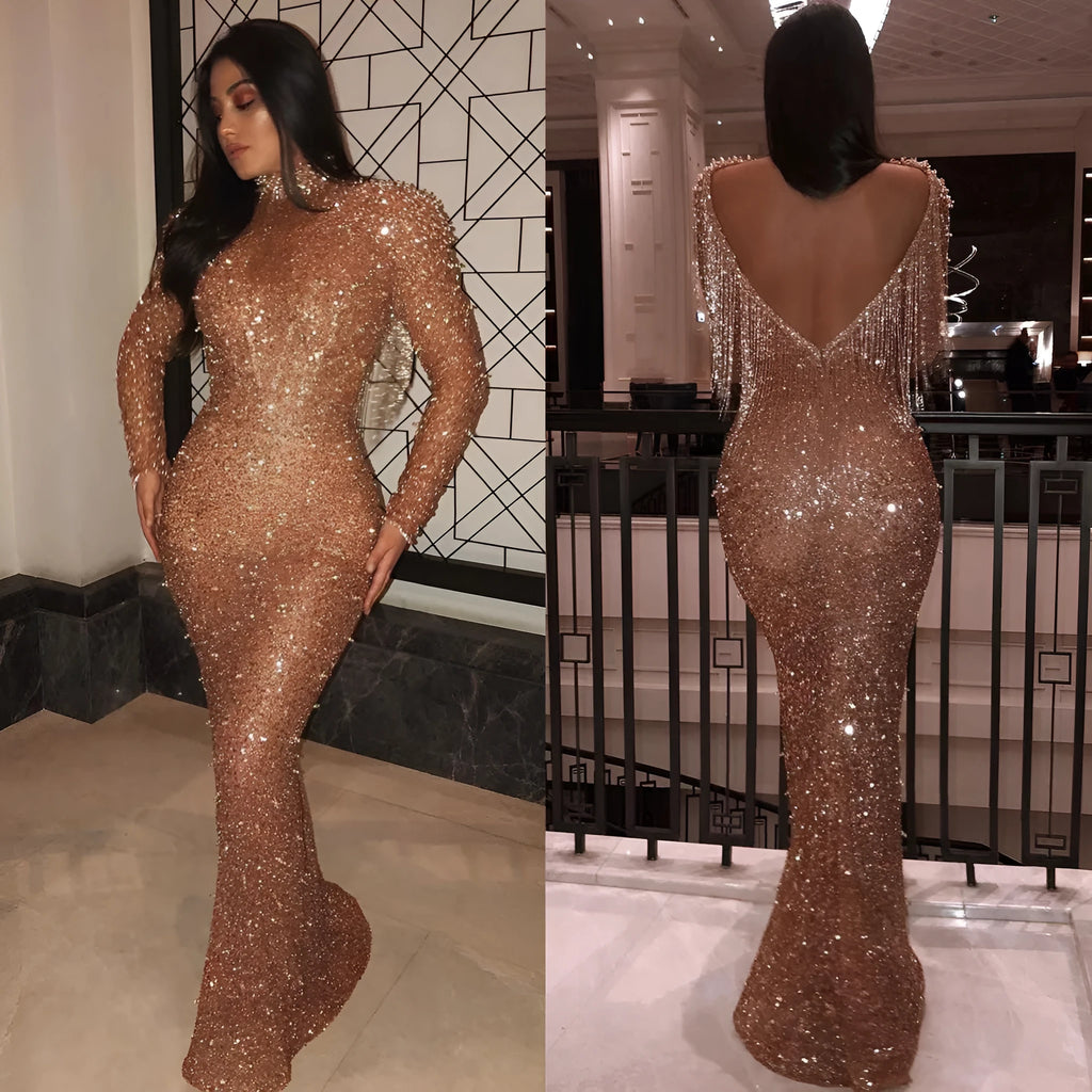 Gold sequin backless long sleeves dress with long skirt and zipper closure for women