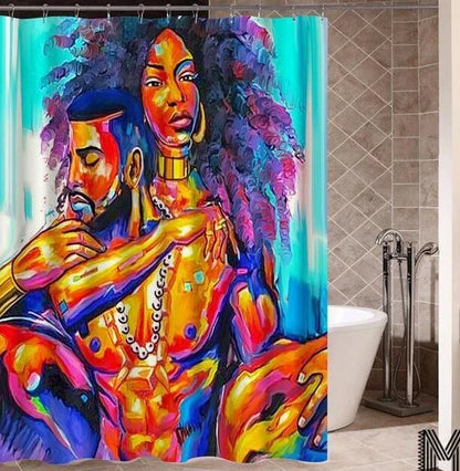 Colorful African girl portrait with graffiti art and modern buildings on a shower curtain