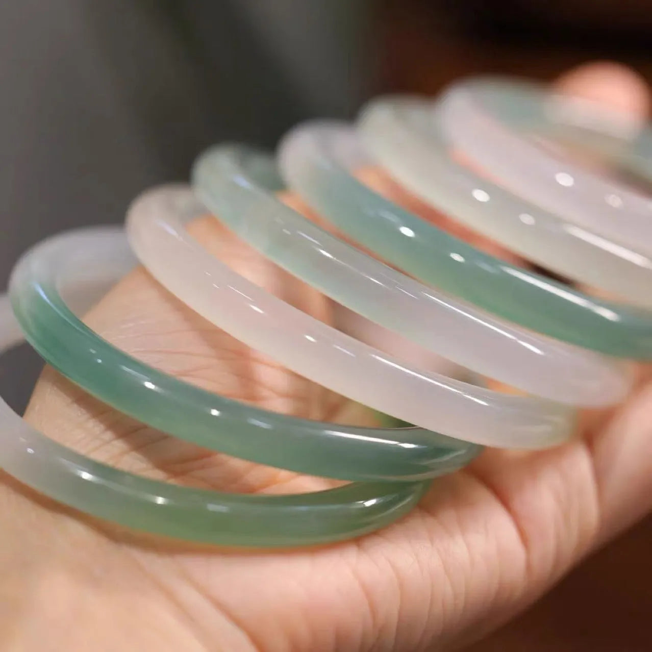 Chalcedony jade bracelet in natural stone, shown in multiple available sizes.