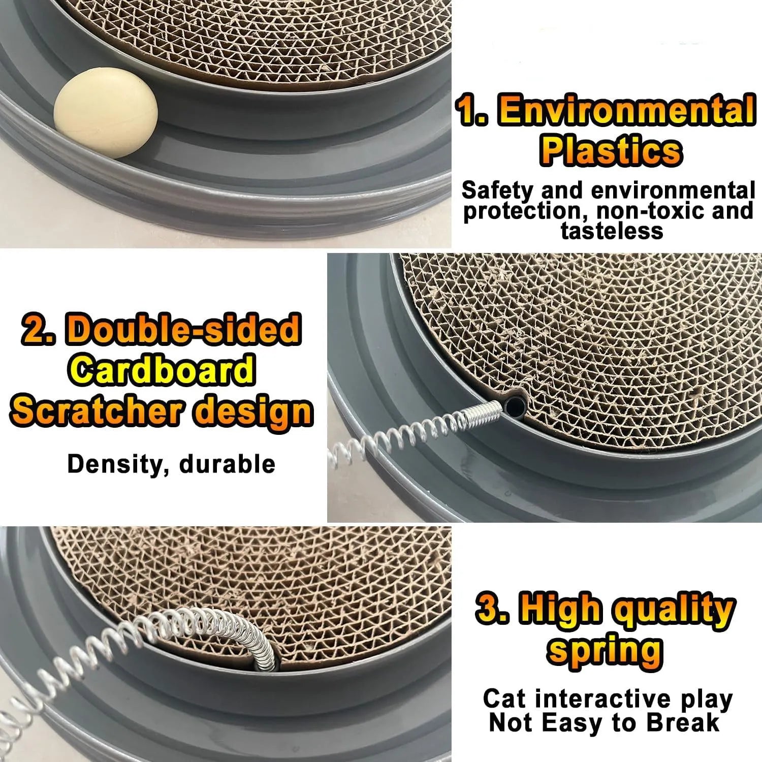 Blue interactive cat scratcher toy with circular ball track and central scratch pad.