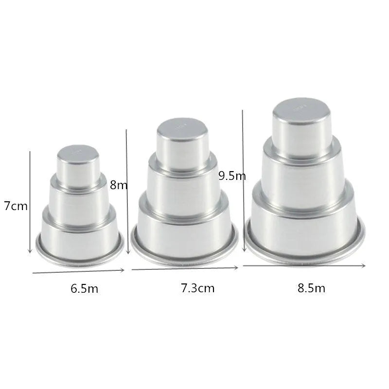 Silver aluminium alloy three-layer cake mould set showing large, medium and small graduated sizes