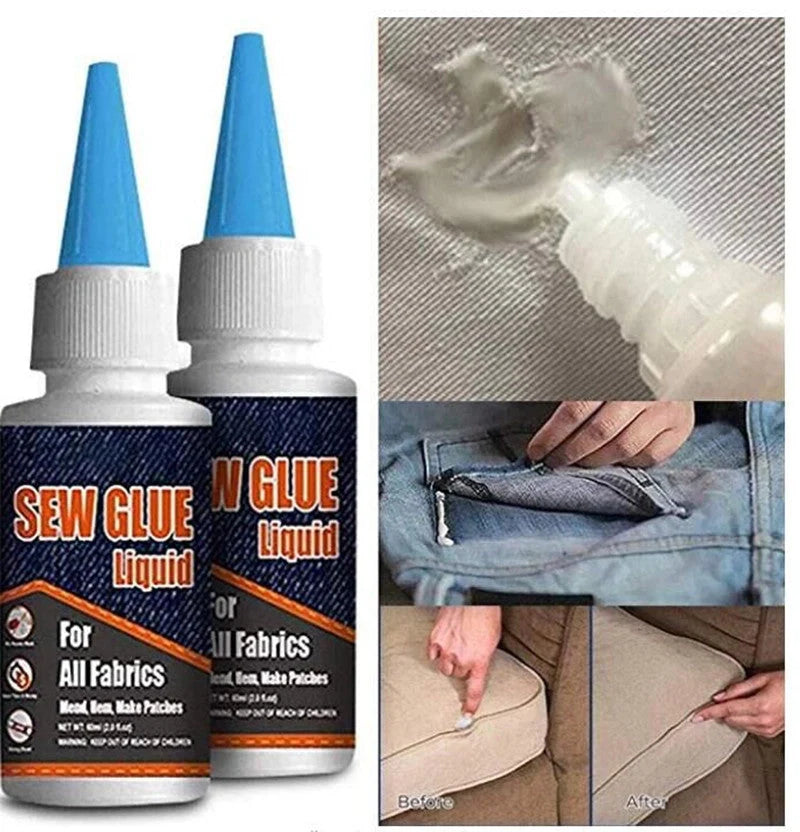 Clothing repair glue kit with two bottles of glue, two fixing clips, and one pen for easy fabric repairs