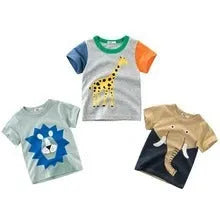 Boy wearing a cotton t-shirt with a green lion print, showing short sleeves and casual fit.
