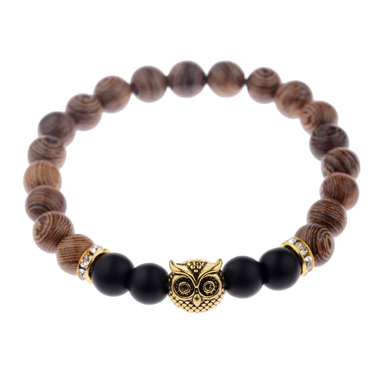 Owl frosted stone lifeline wood grain bracelet in black and gold, adjustable for a perfect fit
