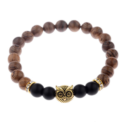 Owl frosted stone lifeline wood grain bracelet in black and gold, adjustable for a perfect fit