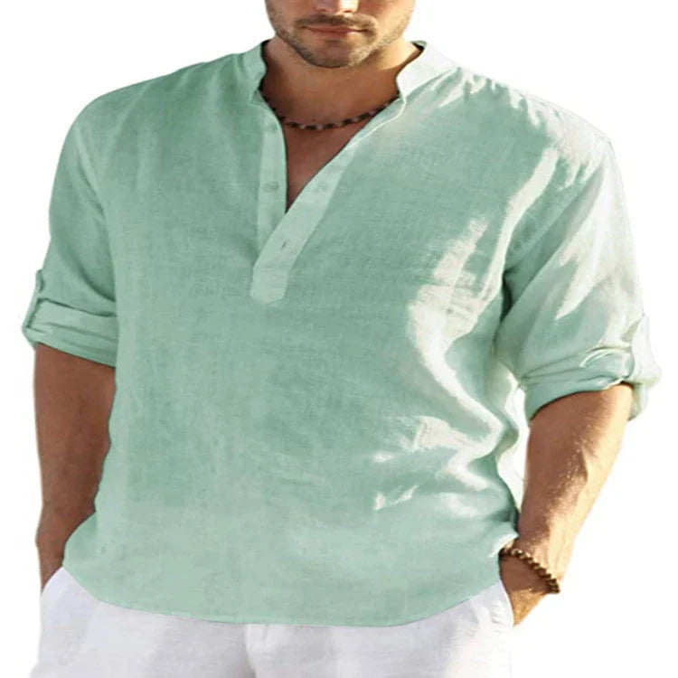 A stylish linen blend long sleeve shirt in various colors, featuring a tailored fit and stand collar design.