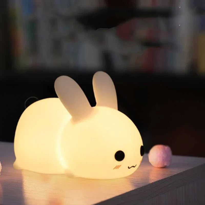 Adorable Rabbit LED Night Light with Soft Silicone, Dimmable Brightness, and USB Rechargeable Design