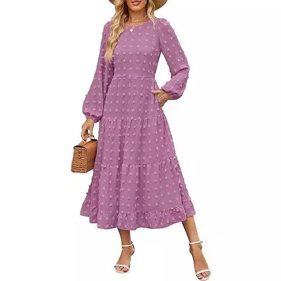 Women's long sleeve casual dress with ruffle sleeves and high waist in a solid colour