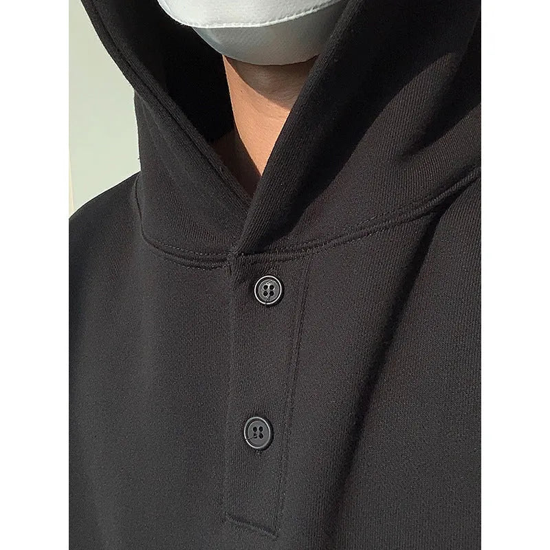 Men's hooded cotton sweatshirt black loose fit with button detail and hidden pocket