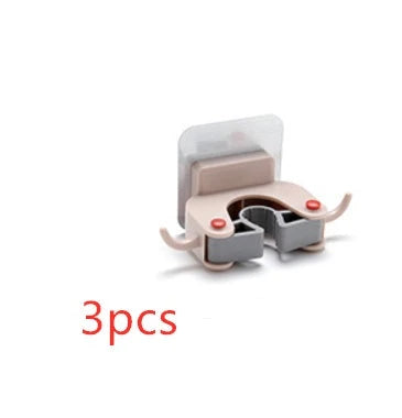 Nail-free multi-function traceless mop holder with double hooks for organizing cleaning tools