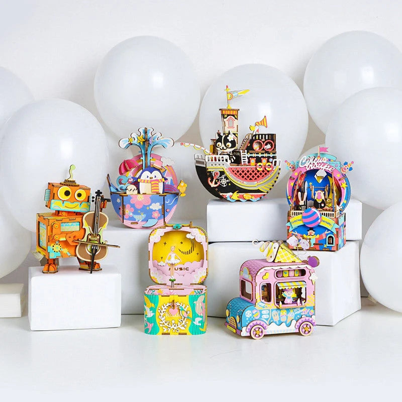 DIY 3D Kitty Ballet Wooden Puzzle Game with moveable music box, perfect for creative assembly and decoration