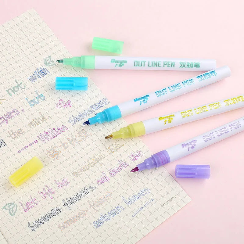Eight fluorescent highlighter marker pens with transparent barrels and chisel tips arranged beside their 14cm packaging box