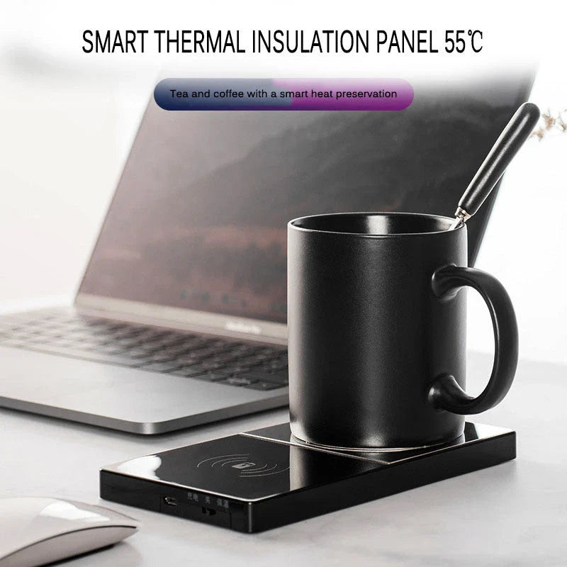 Wireless mug warmer and charger with stainless steel and polycarbonate construction, keeps drinks hot and charges phones