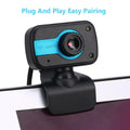 Mini USB webcam with rotating base in blue, red or white colours for PC video calling.