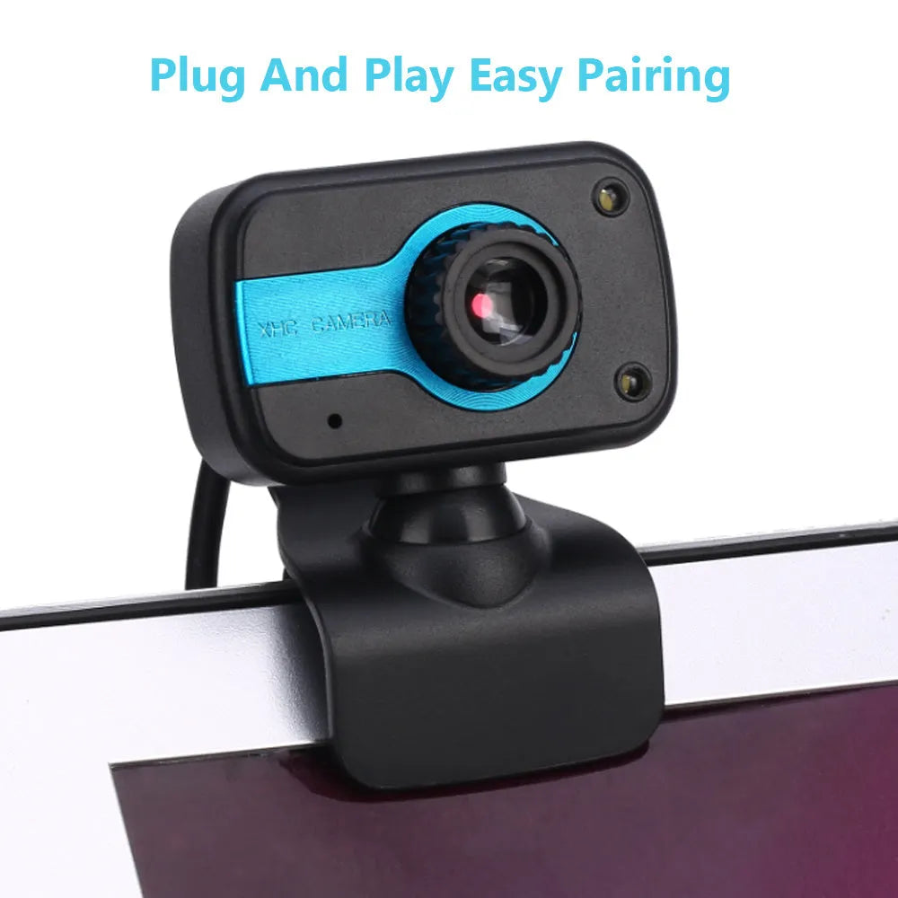 Mini USB webcam with rotating base in blue, red or white colours for PC video calling.