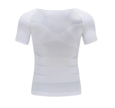 Men's slimming compression t-shirt in blue, black, or white, offering waist protection and support.