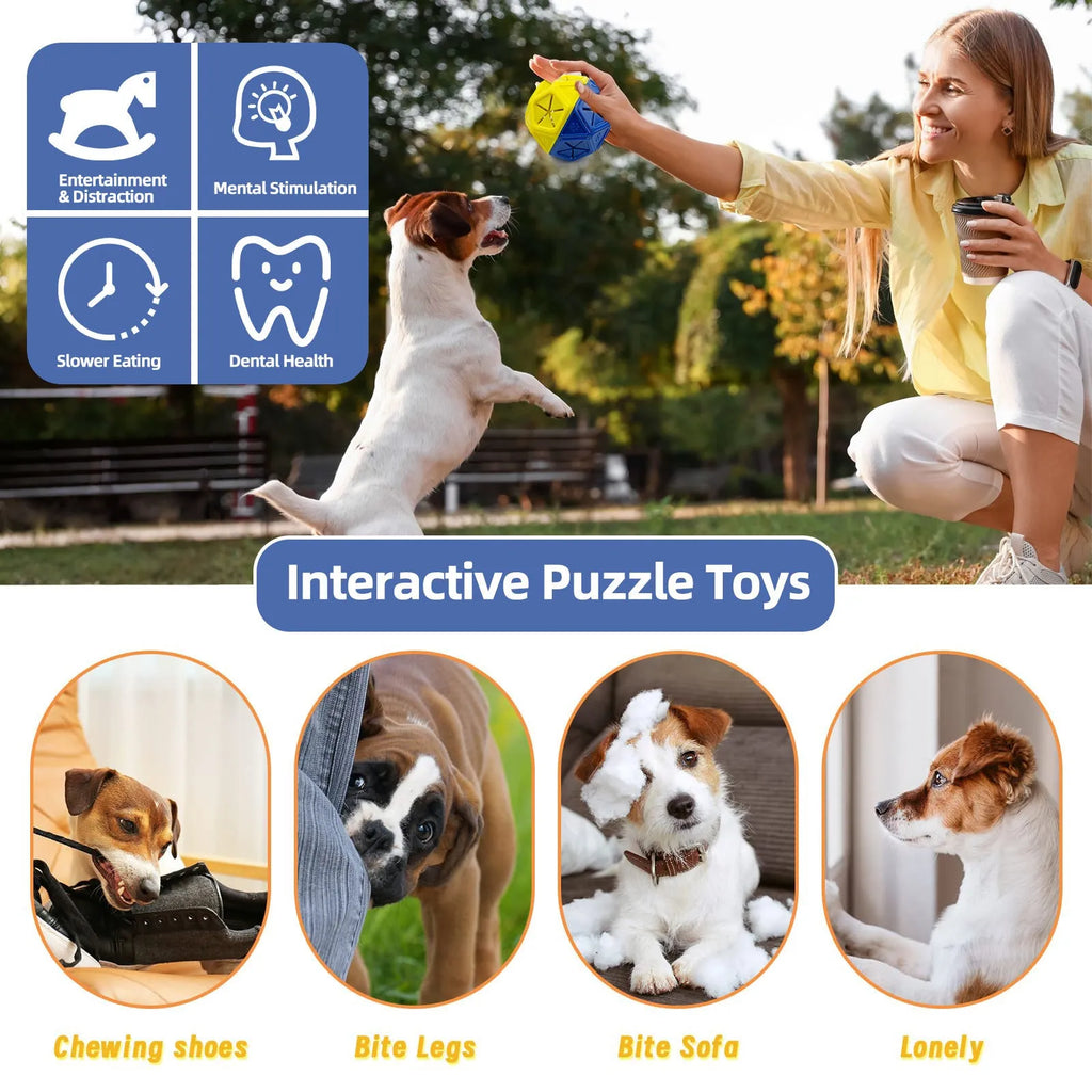 Blue interactive dog puzzle ball with hollow interior for treat dispensing