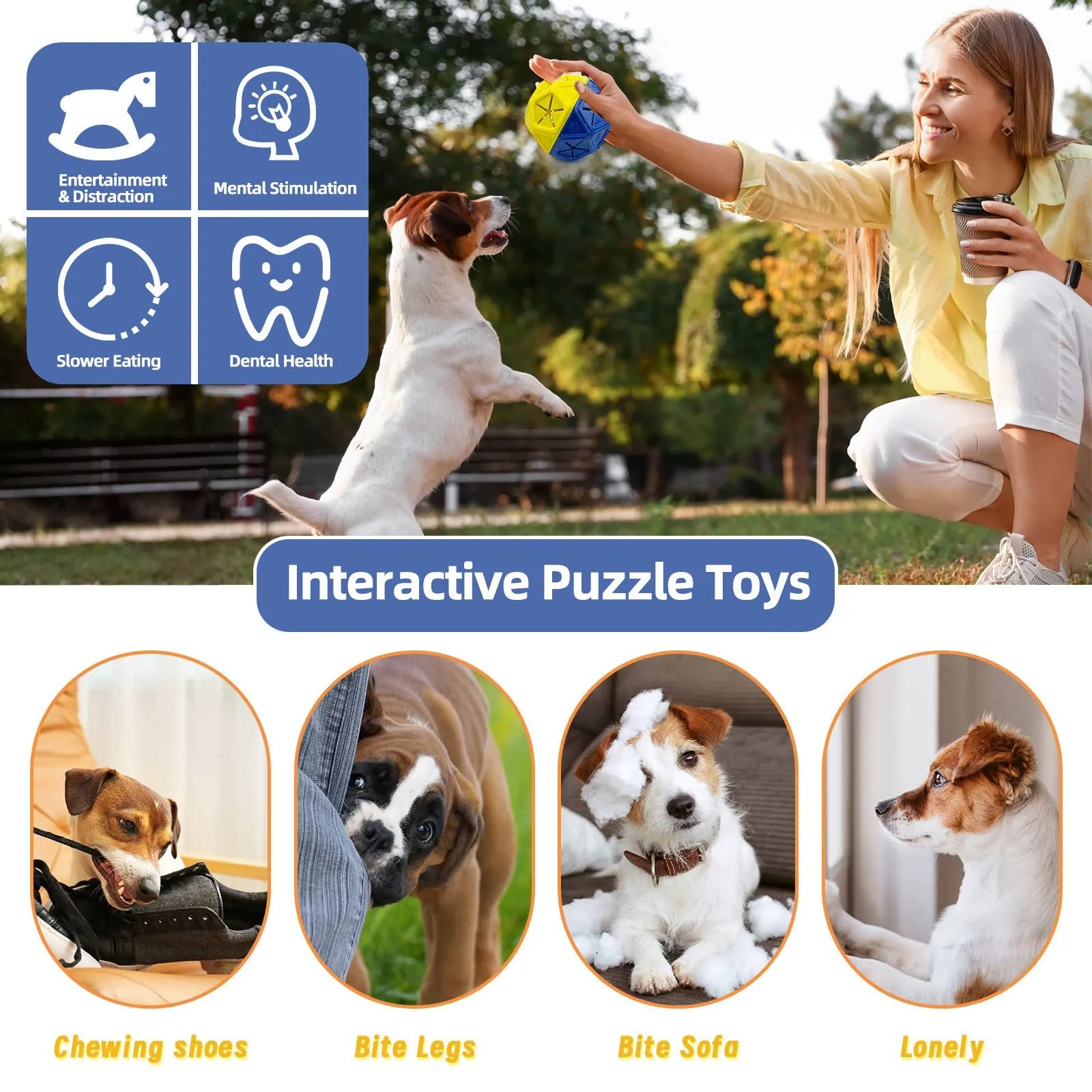 Blue interactive dog puzzle ball with hollow interior for treat dispensing