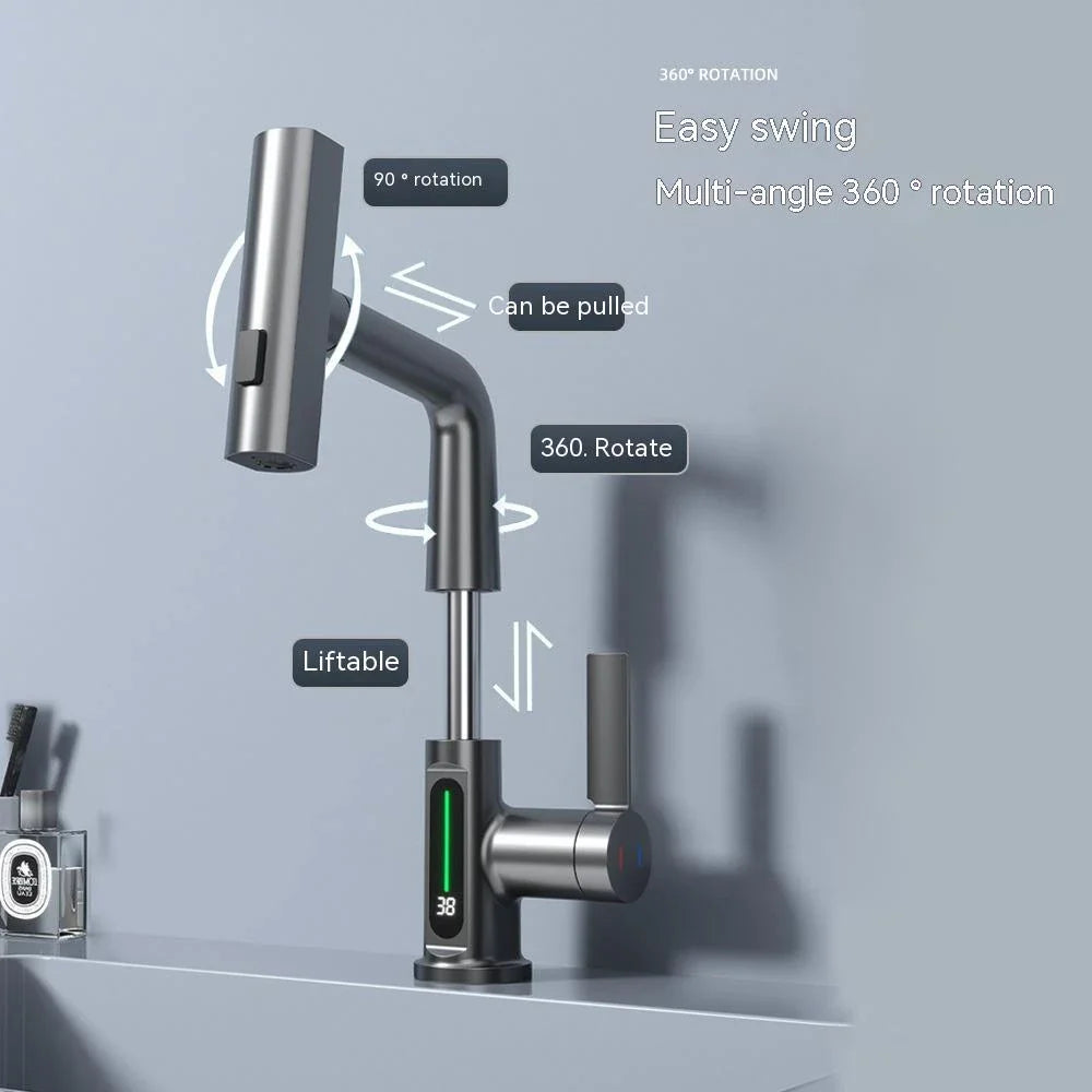 Sleek digital faucet with 360-degree swivel spout and LED temperature display for modern kitchen or bathroom