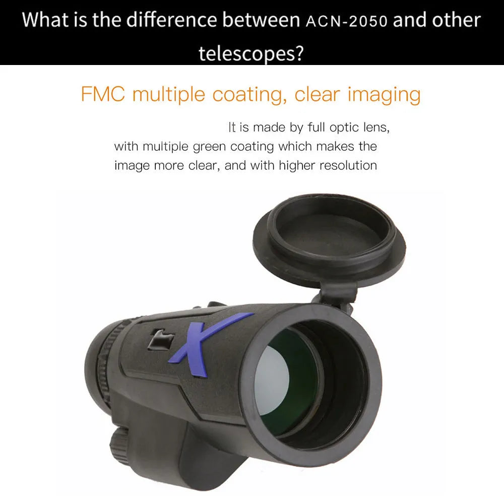Black 20x50 monocular telescope with 12x zoom and wide field view