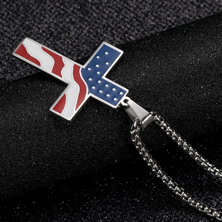 Men's stainless steel flag cross necklace in Black, Gold, and Silver options