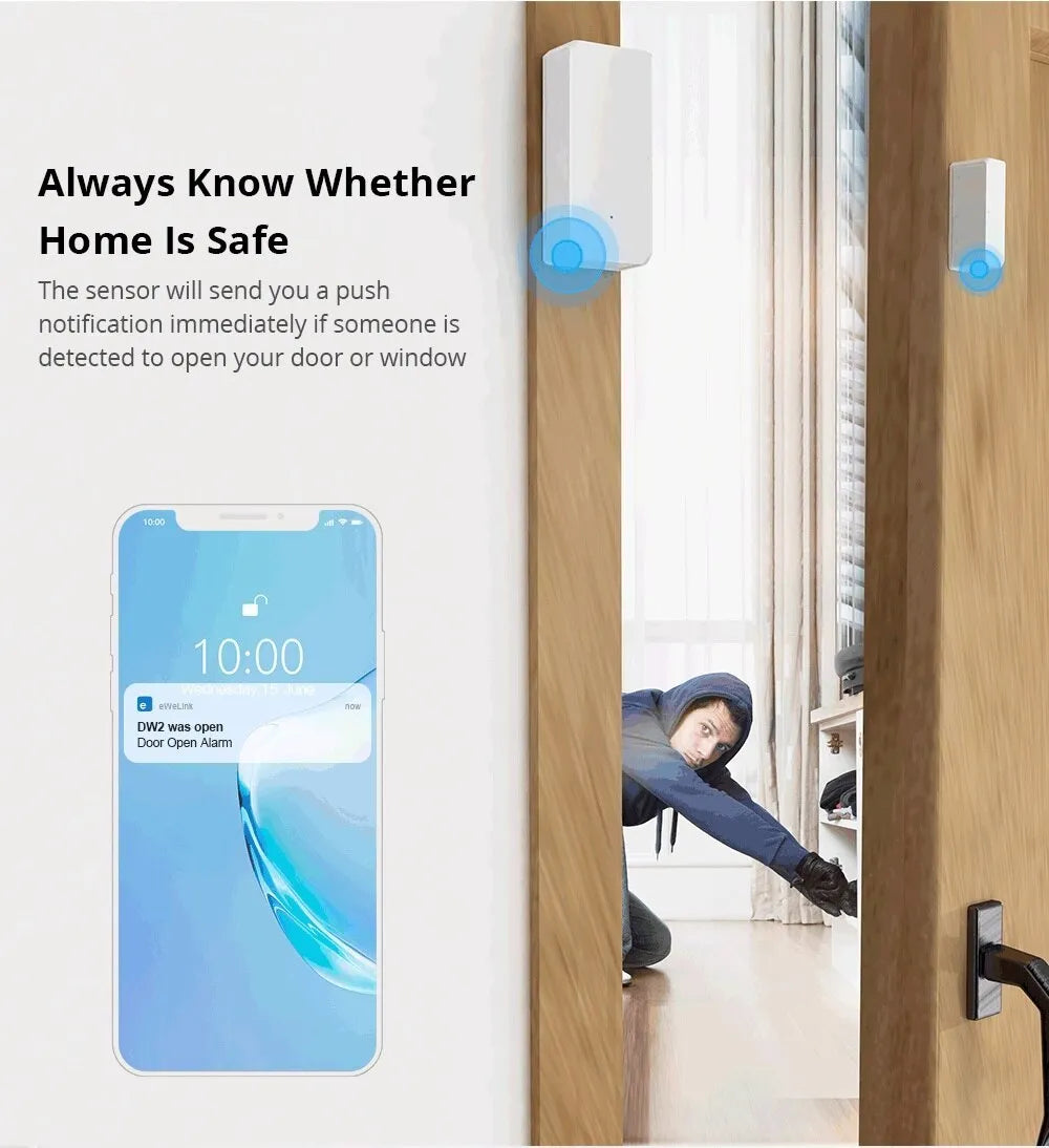 Wireless WiFi door and window sensor with white PC housing and adhesive strip for tool-free installation