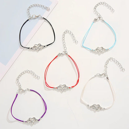 Adjustable heart-shaped alloy friendship bracelet set in black, blue, purple, red colours, 16-26cm length with Korean wax line