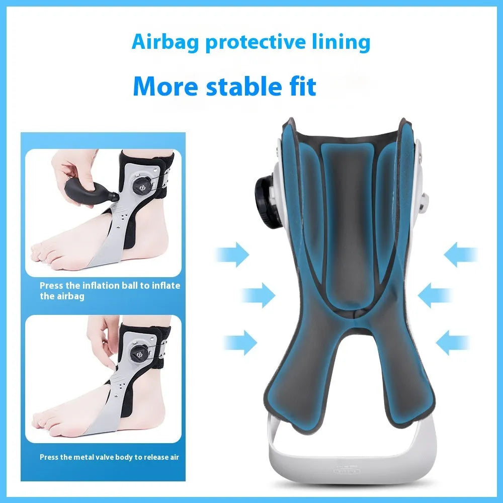 Adjustable ankle fixation brace with airbag button in black or grey colour, shown on a foot.