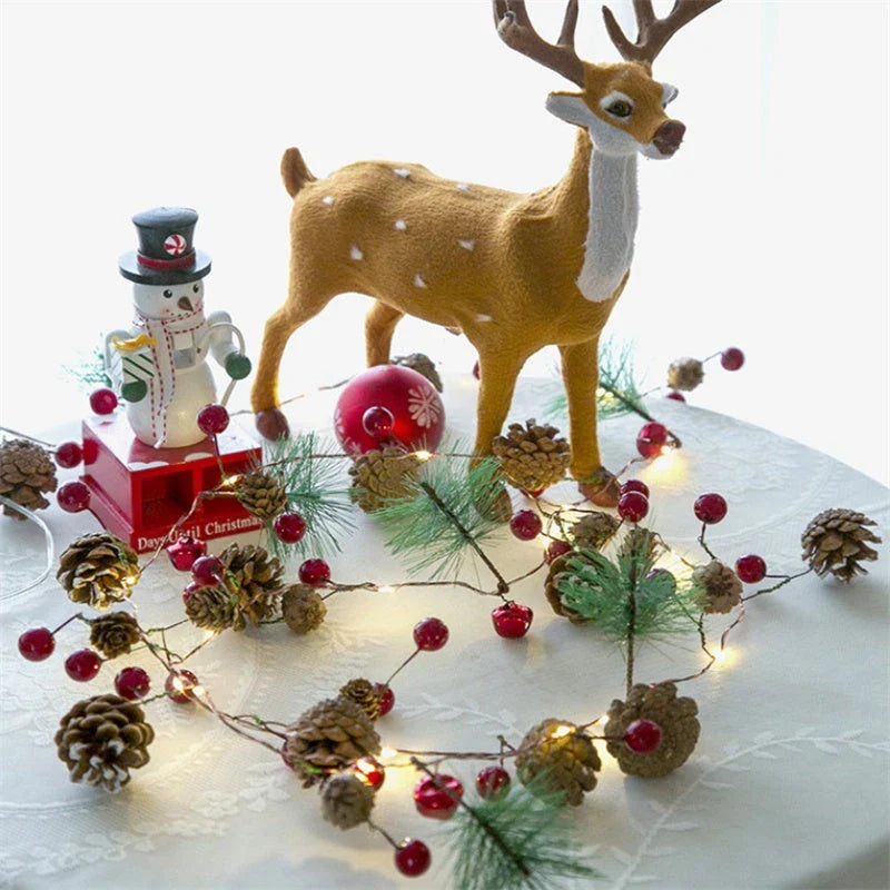 2M Christmas tree LED string lights with pine cone and star decorations in warm white