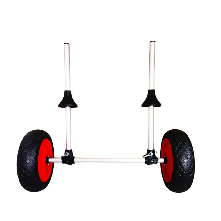 Foldable aluminium kayak beach trailer with rubber wheels and an upright plug-in pole for boat transport.