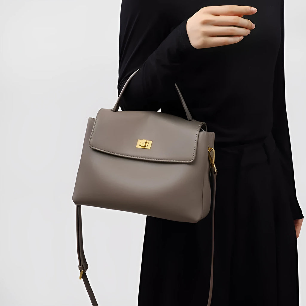High-grade genuine leather women's bag in Gray Viney with lock and horizontal square shape for commuting