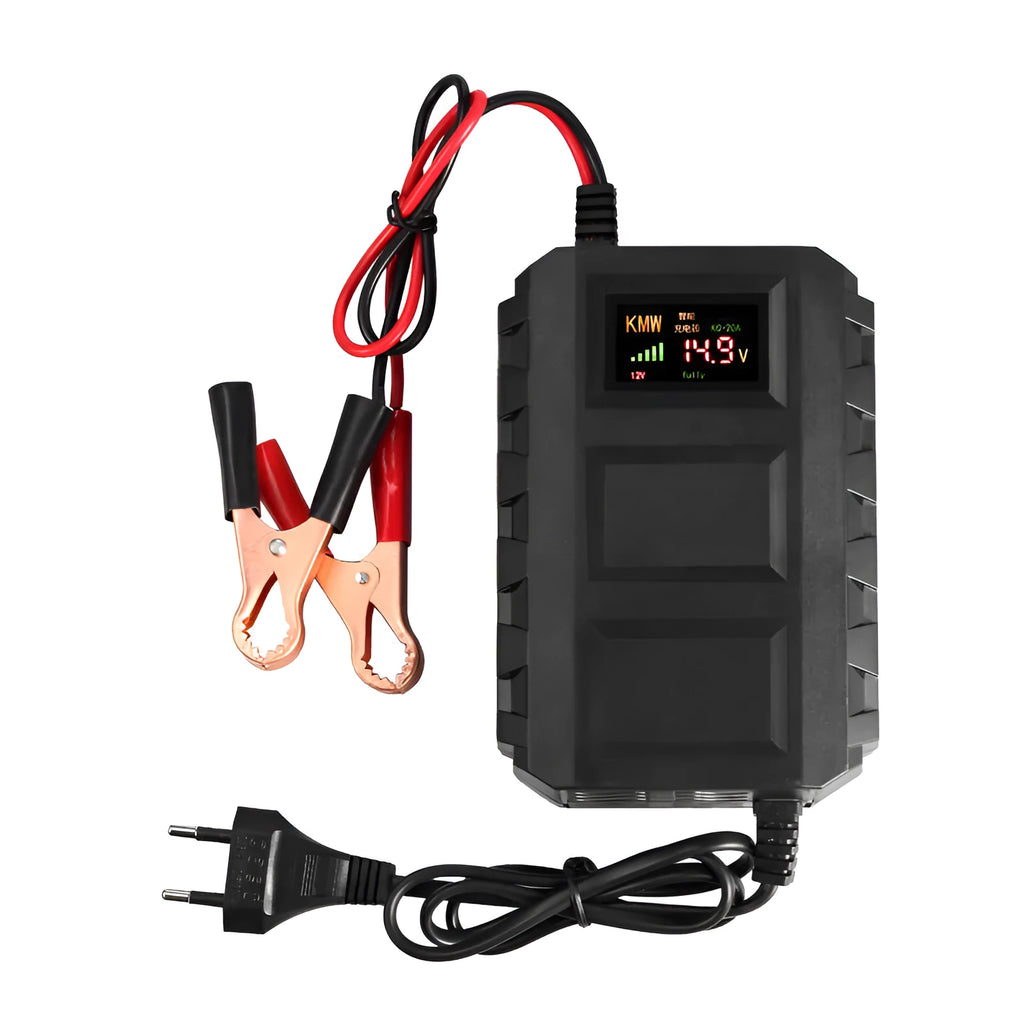 Black lithium battery charger with 10A output and 12.9V voltage for lithium-ion batteries