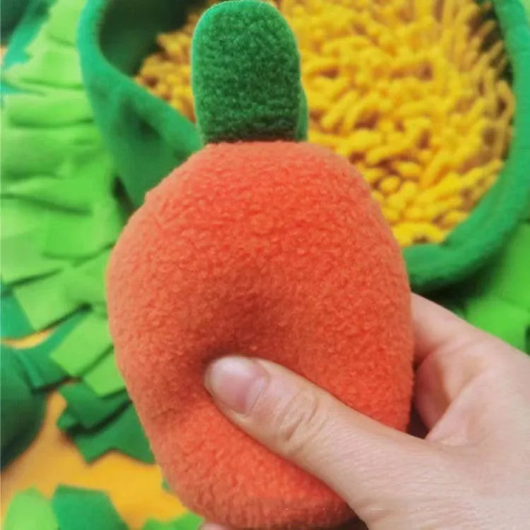 Fleece dog snuffle mat measuring 60 by 80 cm with a carrot pull toy on a cushion-style base for foraging activities