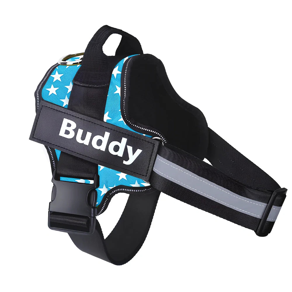 Adjustable nylon no-pull dog harness in black with reflective straps and custom patch, fits bust 25-120cm for small to large breeds