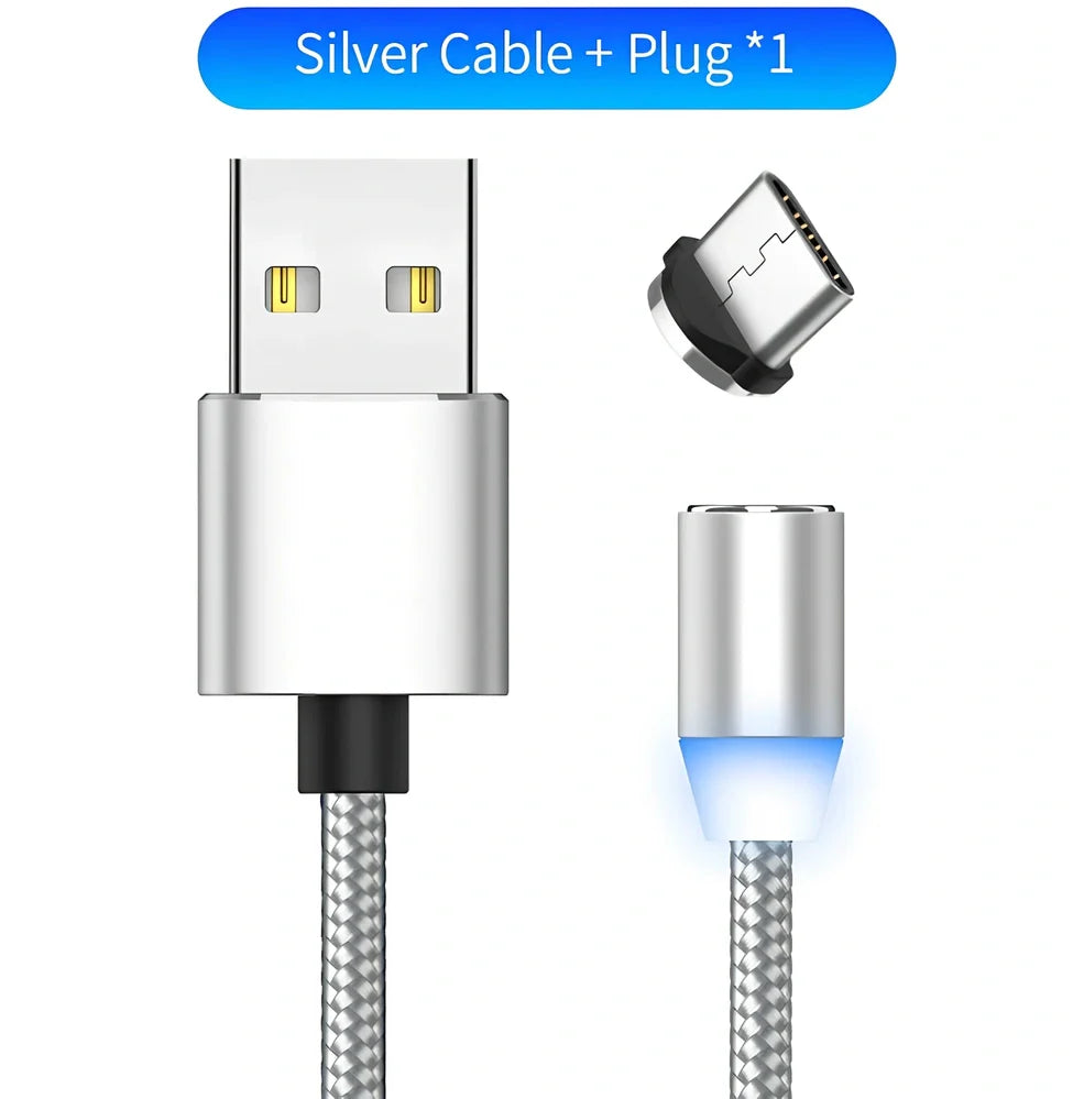 YBD 1m black magnetic LED charging cable with three-in-one plugs for iPhone and Android, showing N52 magnet connection