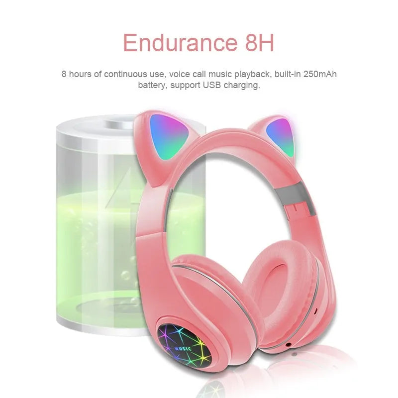Cat ear design wireless Bluetooth headphones shown in multiple colours including pink, black, and blue.