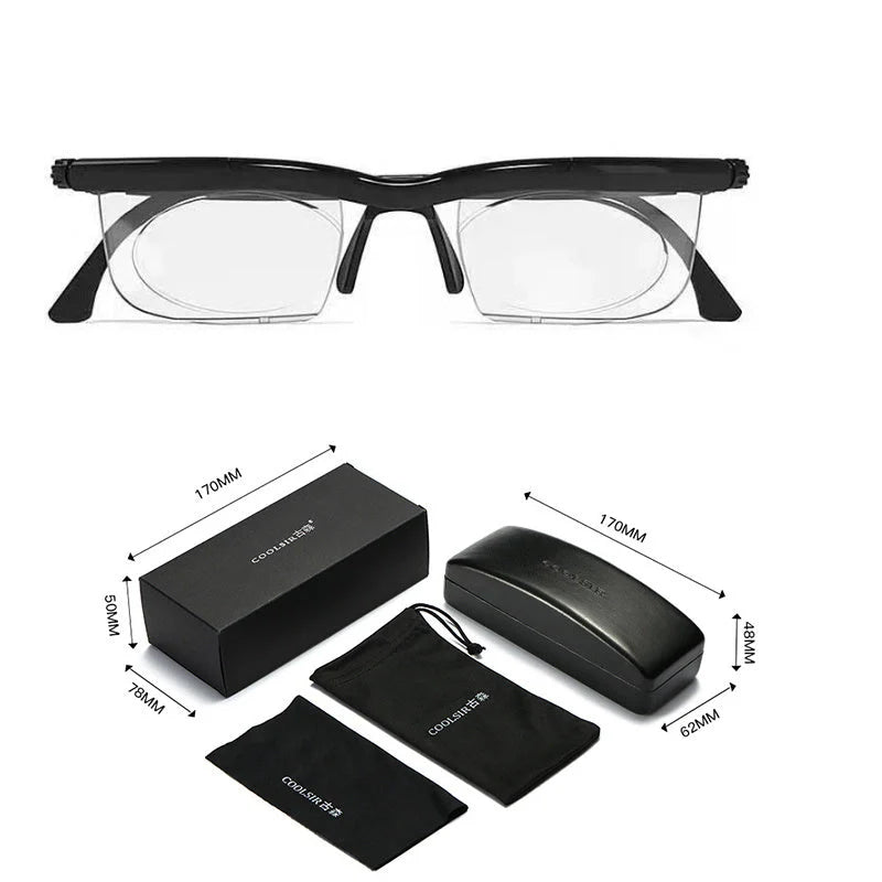 Adjustable focus sight glasses with black frame and polycarbonate lenses