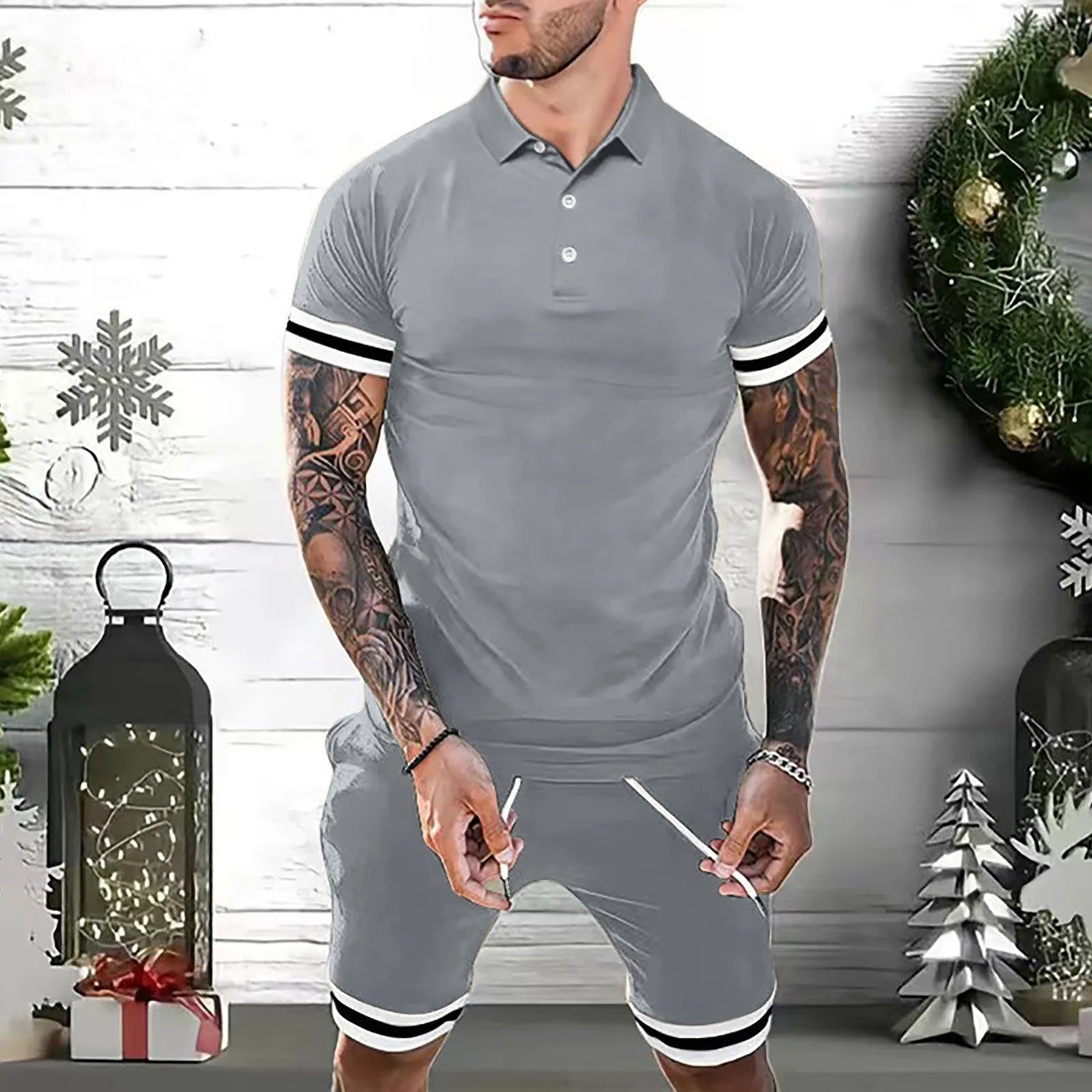 Stylish men's casual summer outfit with polo shirt and matching shorts in various colors