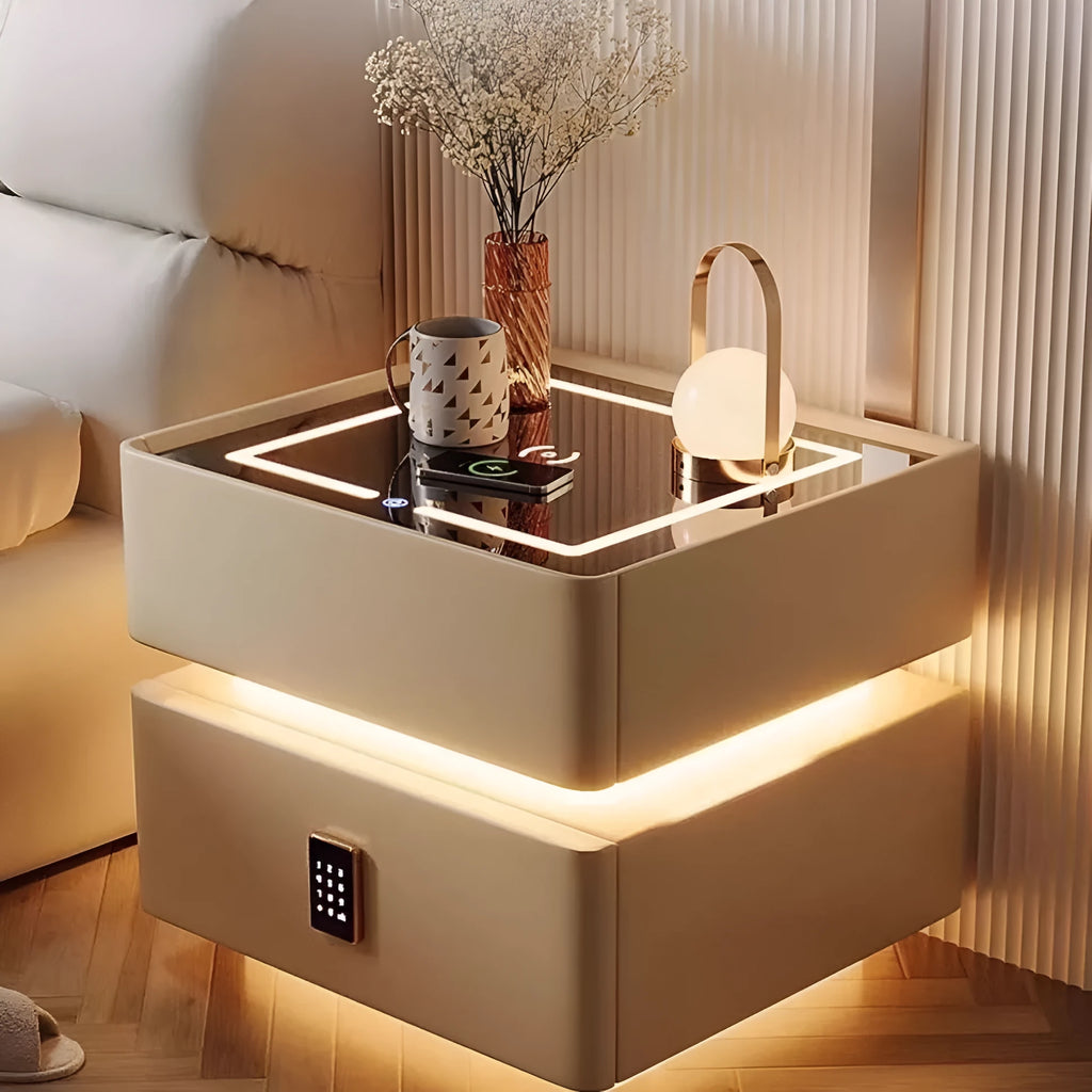 Nordic smart bed cabinet with wireless charging and Bluetooth speaker in white and black finish, wooden construction